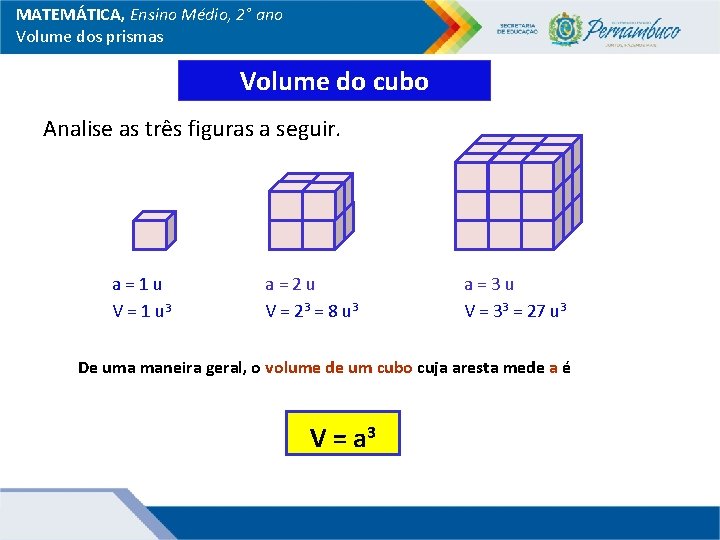 MATEMÁTICA, Ensino Médio, 2° ano Volume dos prismas Volume do cubo Analise as três