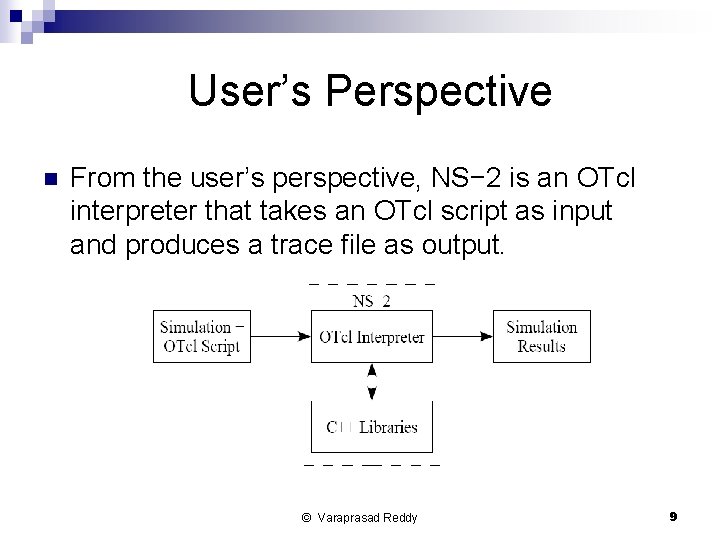 User’s Perspective n From the user’s perspective, NS− 2 is an OTcl interpreter that