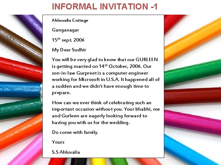 INFORMAL INVITATION -1 Ahluwalia Cottage Ganganagar 15 th sept. 2006 My Dear Sudhir You