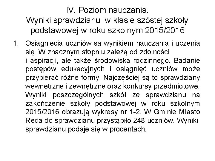 IV. Poziom nauczania. Wyniki sprawdzianu w klasie szóstej szkoły podstawowej w roku szkolnym 2015/2016