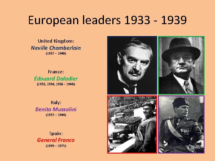 European leaders 1933 - 1939 United Kingdom: Neville Chamberlain (1937 – 1940) France: Édouard