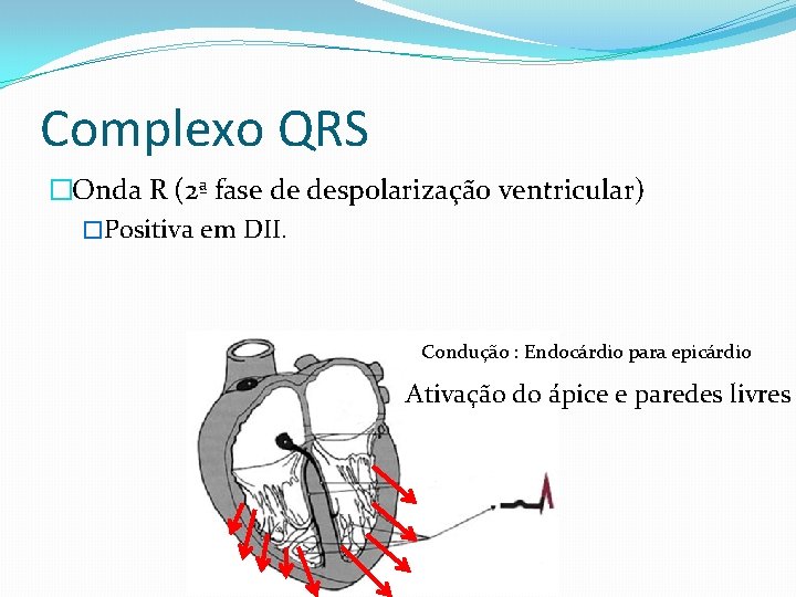 Complexo QRS �Onda R (2ª fase de despolarização ventricular) �Positiva em DII. Condução :