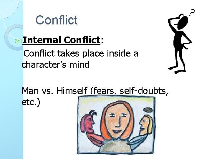 Conflict Internal Conflict: Conflict takes place inside a character’s mind Man vs. Himself (fears,