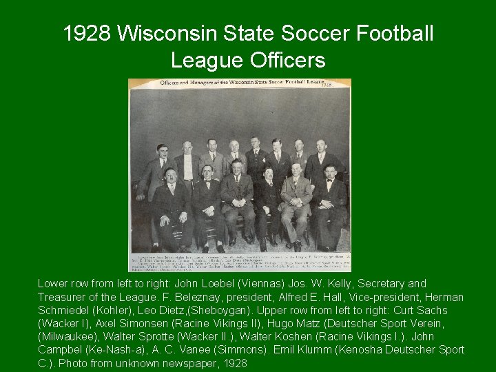 1928 Wisconsin State Soccer Football League Officers Lower row from left to right: John