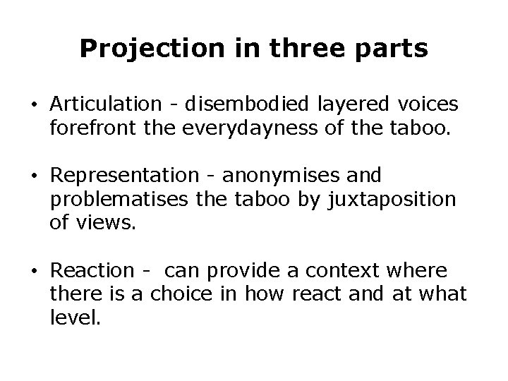 Projection in three parts • Articulation - disembodied layered voices forefront the everydayness of