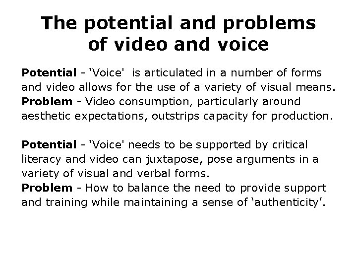 The potential and problems of video and voice Potential - ‘Voice' is articulated in