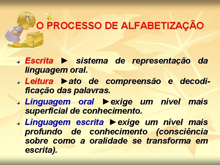 O PROCESSO DE ALFABETIZAÇÃO Escrita ► sistema de representação da linguagem oral. Leitura ►ato