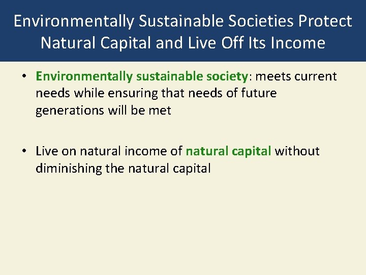 Environmentally Sustainable Societies Protect Natural Capital and Live Off Its Income • Environmentally sustainable