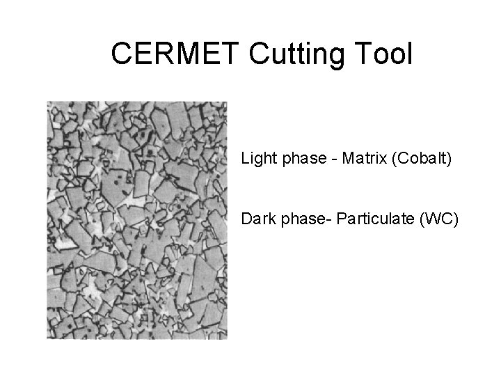 CERMET Cutting Tool Light phase - Matrix (Cobalt) Dark phase- Particulate (WC) 