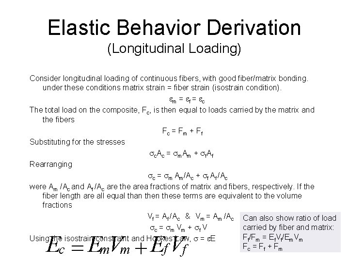 Elastic Behavior Derivation (Longitudinal Loading) Consider longitudinal loading of continuous fibers, with good fiber/matrix