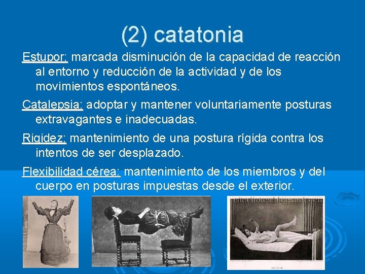 (2) catatonia Estupor: marcada disminución de la capacidad de reacción al entorno y reducción
