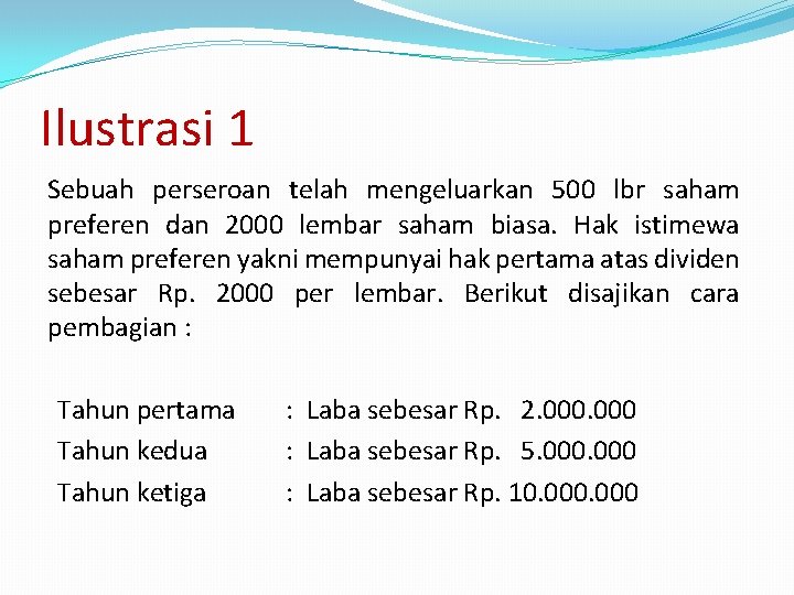 Ilustrasi 1 Sebuah perseroan telah mengeluarkan 500 lbr saham preferen dan 2000 lembar saham