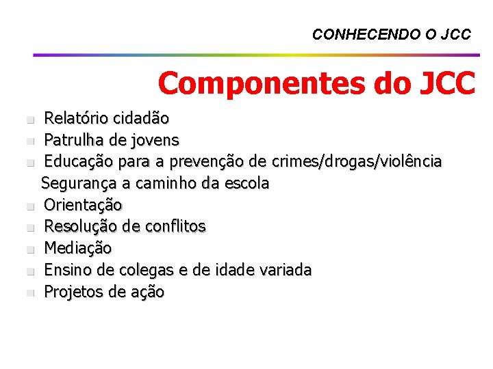 CONHECENDO O JCC Componentes do JCC n n n n Relatório cidadão Patrulha de