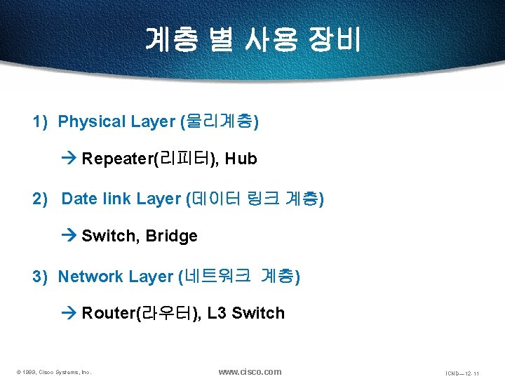 계층 별 사용 장비 1) Physical Layer (물리계층) Repeater(리피터), Hub 2) Date link Layer