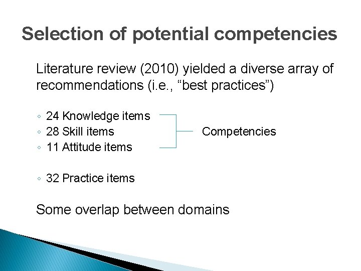 Selection of potential competencies Literature review (2010) yielded a diverse array of recommendations (i. Selection of potential competencies Literature review (2010) yielded a diverse array of recommendations (i.