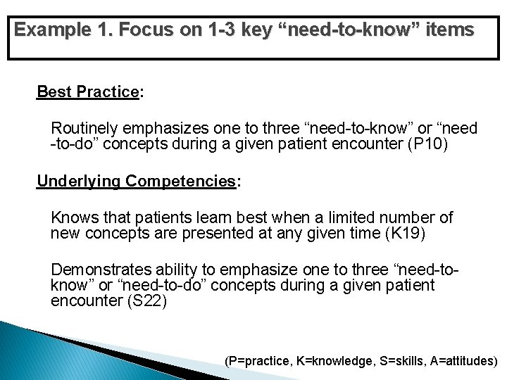 Example 1. Focus on 1 -3 key “need-to-know” items Best Practice: Routinely emphasizes one Example 1. Focus on 1 -3 key “need-to-know” items Best Practice: Routinely emphasizes one