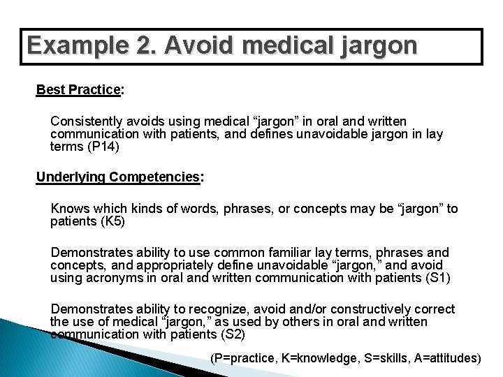 Example 2. Avoid medical jargon Best Practice: Consistently avoids using medical “jargon” in oral Example 2. Avoid medical jargon Best Practice: Consistently avoids using medical “jargon” in oral
