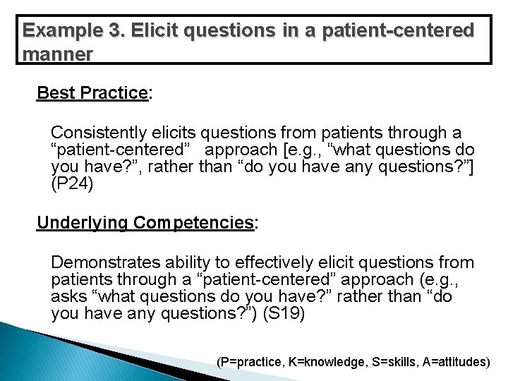 Example 3. Elicit questions in a patient-centered manner Best Practice: Consistently elicits questions from Example 3. Elicit questions in a patient-centered manner Best Practice: Consistently elicits questions from