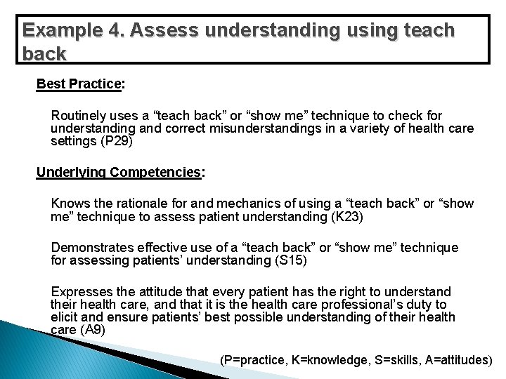 Example 4. Assess understanding using teach back Best Practice: Routinely uses a “teach back” Example 4. Assess understanding using teach back Best Practice: Routinely uses a “teach back”