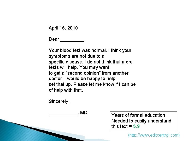 April 16, 2010 Dear _____ Your blood test was normal. I think your symptoms April 16, 2010 Dear _____ Your blood test was normal. I think your symptoms