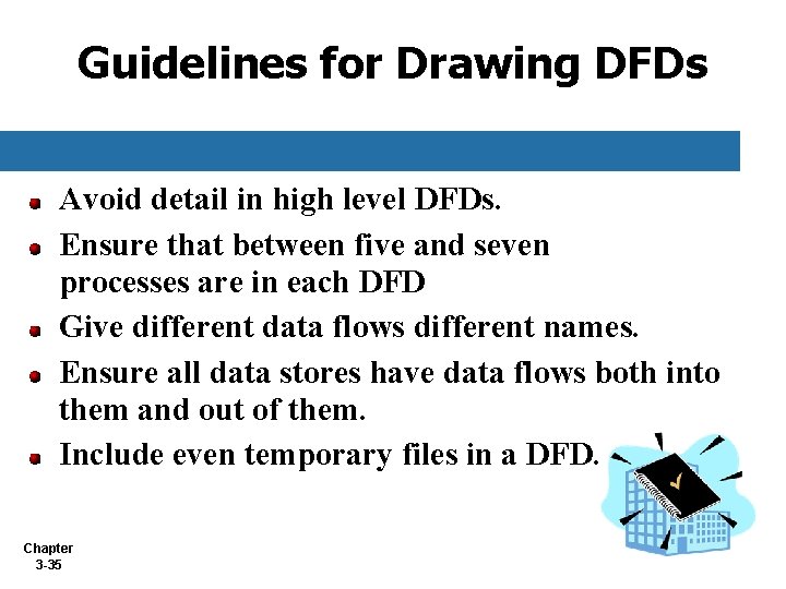 Guidelines for Drawing DFDs Avoid detail in high level DFDs. Ensure that between five Guidelines for Drawing DFDs Avoid detail in high level DFDs. Ensure that between five