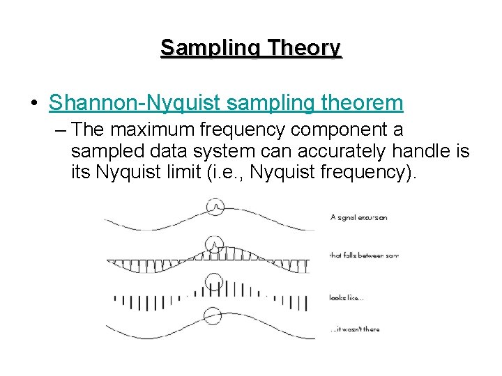 Sampling Theory • Shannon-Nyquist sampling theorem – The maximum frequency component a sampled data