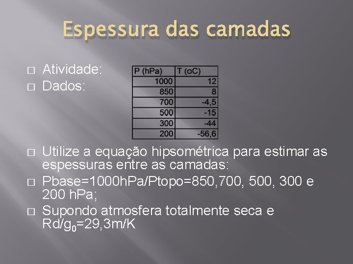 Espessura das camadas � � � Atividade: Dados: Utilize a equação hipsométrica para estimar