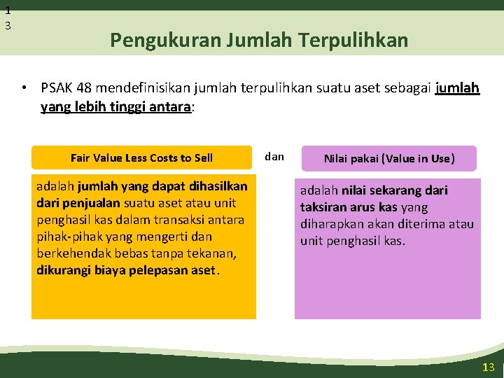 1 3 Pengukuran Jumlah Terpulihkan • PSAK 48 mendefinisikan jumlah terpulihkan suatu aset sebagai