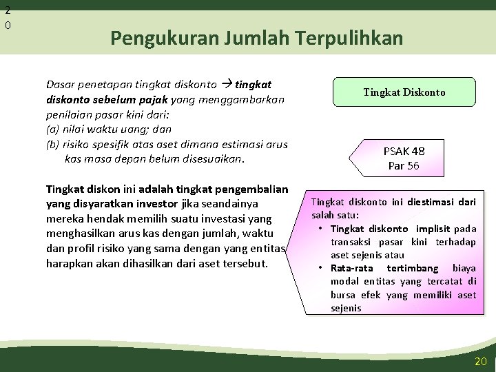 2 0 Pengukuran Jumlah Terpulihkan Dasar penetapan tingkat diskonto sebelum pajak yang menggambarkan penilaian