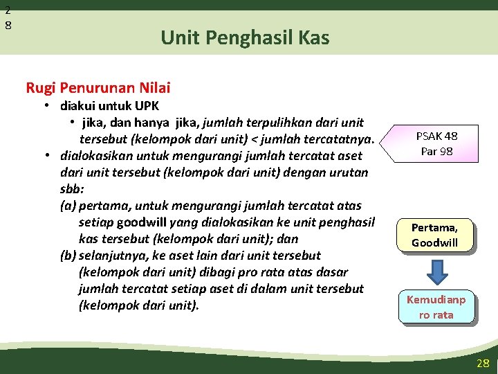 2 8 Unit Penghasil Kas Rugi Penurunan Nilai • diakui untuk UPK • jika,