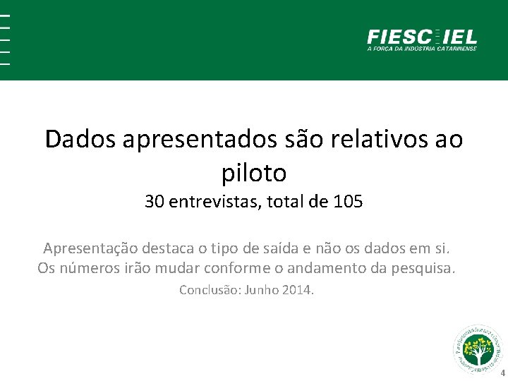 Dados apresentados são relativos ao piloto 30 entrevistas, total de 105 Apresentação destaca o