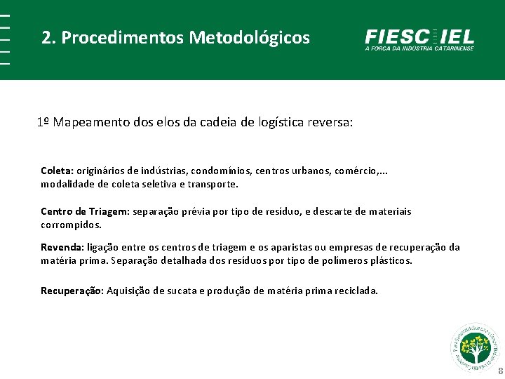 2. Procedimentos Metodológicos 1º Mapeamento dos elos da cadeia de logística reversa: Coleta: originários