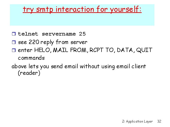try smtp interaction for yourself: r telnet servername 25 r see 220 reply from try smtp interaction for yourself: r telnet servername 25 r see 220 reply from