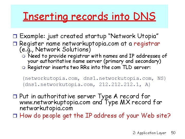 Inserting records into DNS r Example: just created startup “Network Utopia” r Register name