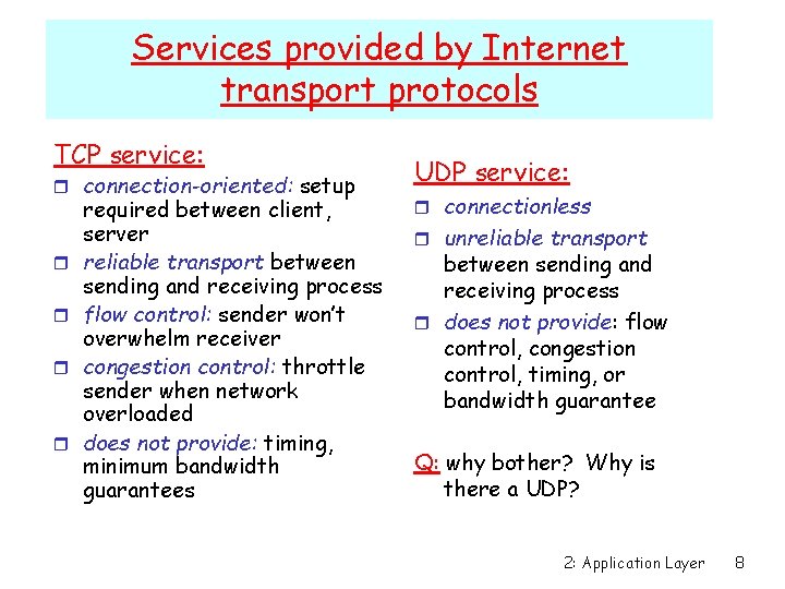 Services provided by Internet transport protocols TCP service: r connection-oriented: setup r r required