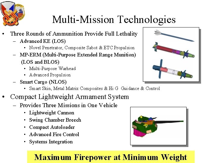 Multi-Mission Technologies • Three Rounds of Ammunition Provide Full Lethality – Advanced KE (LOS)