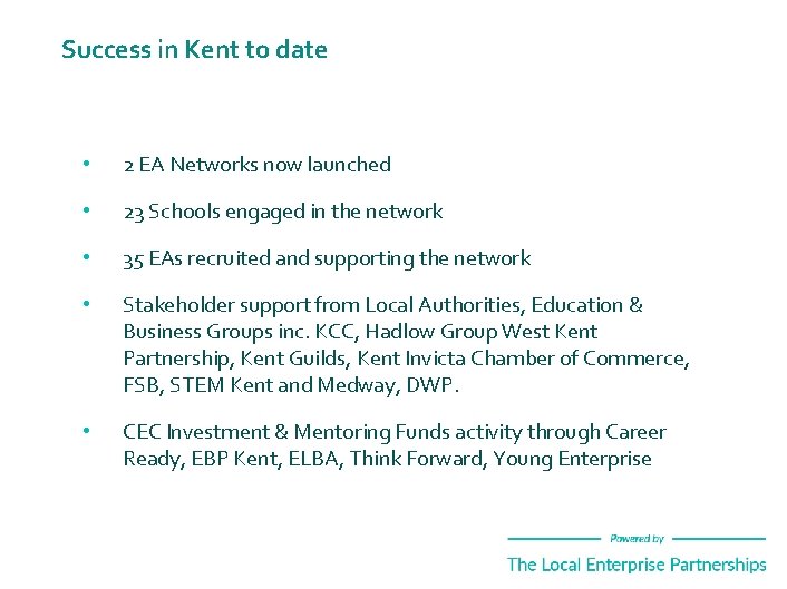 Success in Kent to date • 2 EA Networks now launched • 23 Schools