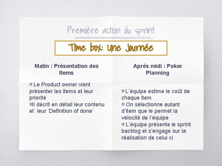 Première action du sprint Time box: Une Journée Matin : Présentation des Items ▧