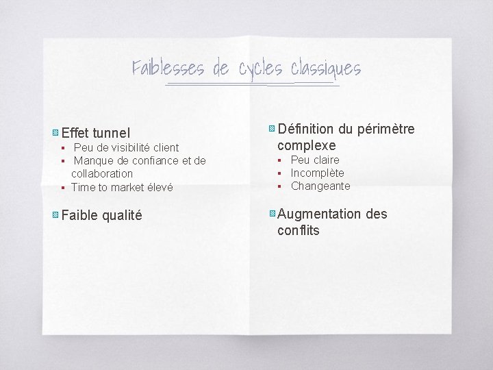 Faiblesses de cycles classiques ▧ Effet tunnel ▪ Peu de visibilité client ▪ Manque
