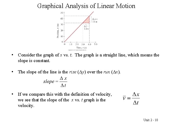 Graphical Analysis of Linear Motion • Consider the graph of x vs. t. The