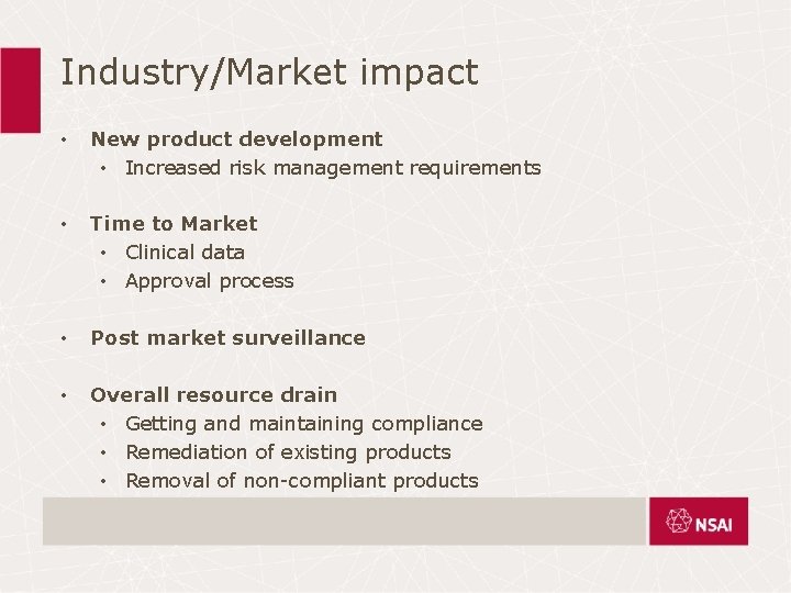 Industry/Market impact • New product development • Increased risk management requirements • Time to Industry/Market impact • New product development • Increased risk management requirements • Time to
