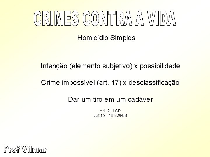 Homicídio Simples Intenção (elemento subjetivo) x possibilidade Crime impossível (art. 17) x desclassificação Dar