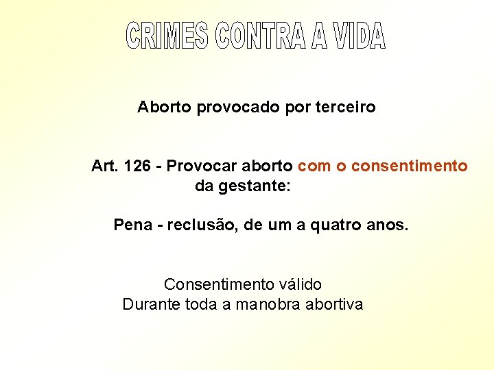  Aborto provocado por terceiro Art. 126 - Provocar aborto com o consentimento da