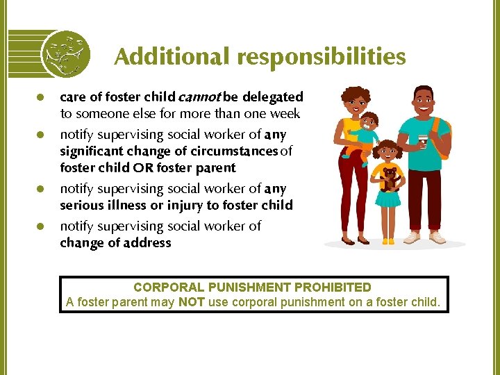 Additional responsibilities l l care of foster child cannot be delegated to someone else