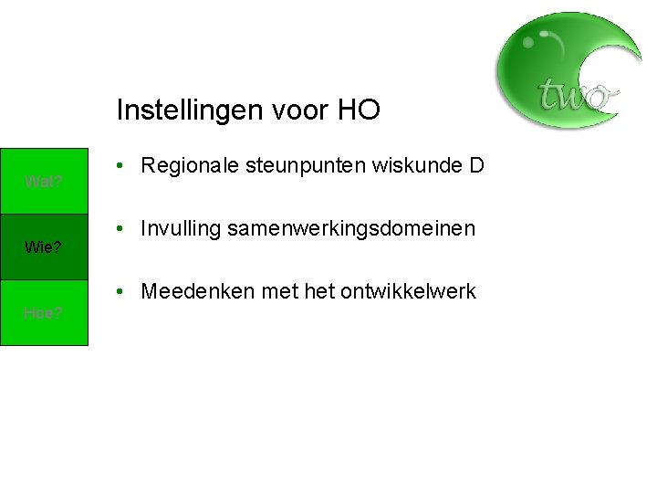 Instellingen voor HO Wat? Wie? Hoe? • Regionale steunpunten wiskunde D • Invulling samenwerkingsdomeinen