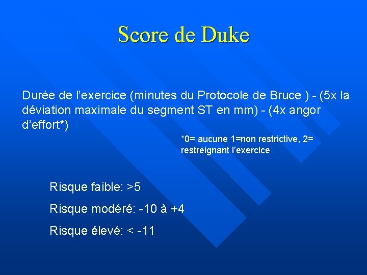 Score de Duke Durée de l’exercice (minutes du Protocole de Bruce ) - (5