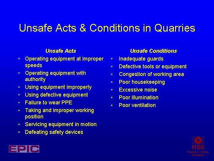Unsafe Acts & Conditions in Quarries • • Unsafe Acts Operating equipment at improper