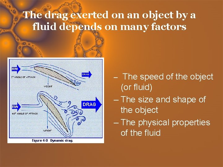 The drag exerted on an object by a fluid depends on many factors –