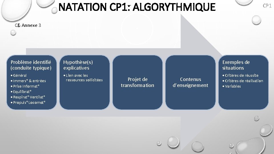 NATATION CP 1: ALGORYTHMIQUE CP 1 Cf. Annexe 3 Problème identifié (conduite typique) Hypothèse(s)