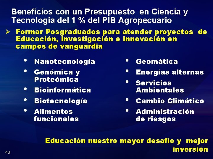 Beneficios con un Presupuesto en Ciencia y Tecnología del 1 % del PIB Agropecuario